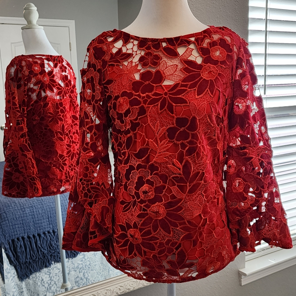 Boston Proper Red Lace Floral Blouse